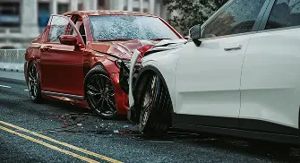 Two damaged cars, red and white, collide with dents and debris.